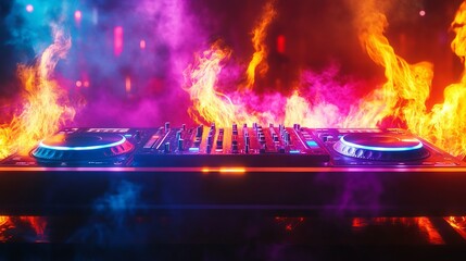 Music Dj concept. Trail of fire and smoke on stage with Dj turntable and speakers. Night club party with laser show and neon lights. 
