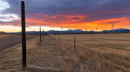 Obraz premium A serene sunset over rolling hills features wind turbines silhouetted against vibrant red and orange skies, symbolizing renewable energy and tranquility.