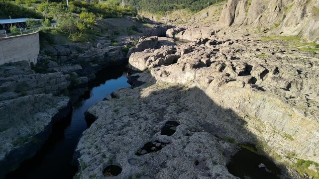 Drone shot of the Devil's River Canyon on a sunny day, near Studen Kladenets village, Bulgaria