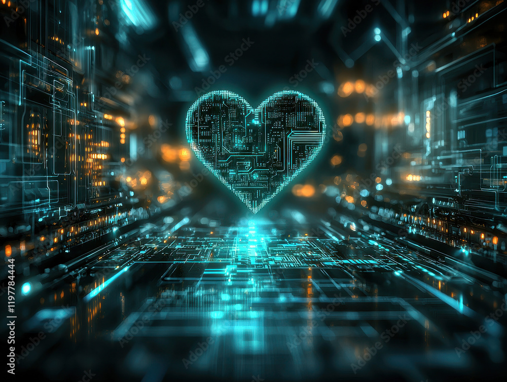 Poster futuristic ai processor design features a glowing heart pattern that symbolizes the bond between hum