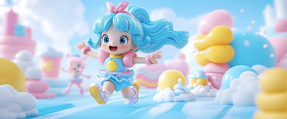 Cute girl running in a sweet candyland.