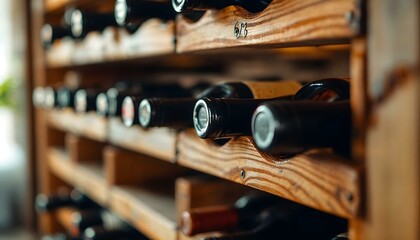 Close-up of wine bottles in a wooden retro-style rack, creating a sophisticated, vintage scene.