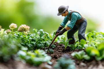 Miniature farmer diligently cultivates a lush garden, tending to vibrant green plants and delicate flowers.