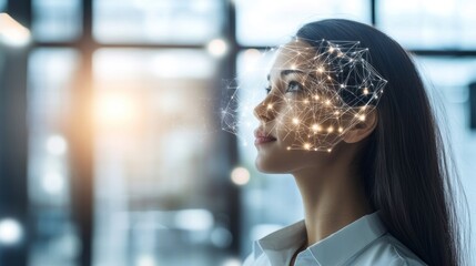 A woman gazes thoughtfully with a digital network overlay on her face.