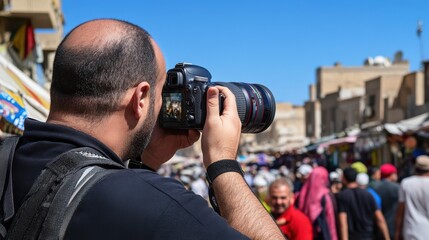A photographer keenly captures candid moments in a bustling market, enveloped in vibrant energy and diverse scenes of everyday life.