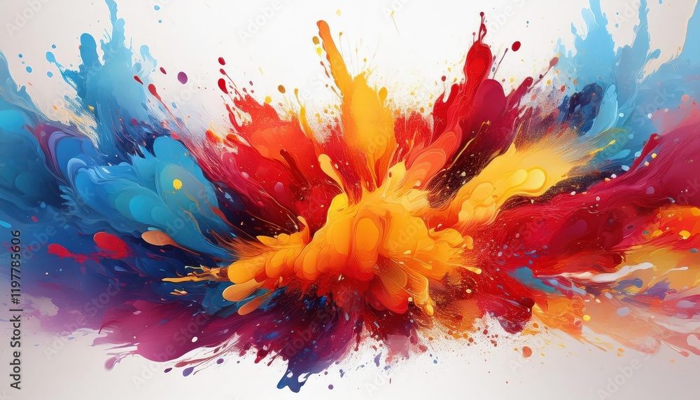 Poster vibrant splatter art a spectacular display of color on a white backdrop, creating an eyecatching can