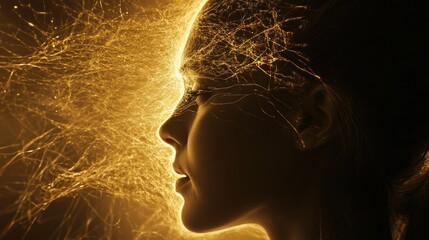 A profile silhouette of a woman with glowing, abstract energy emanating from her head.
