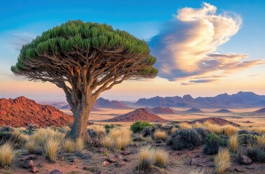 A large tree stands in a desert landscape with a cloudy sky in the background