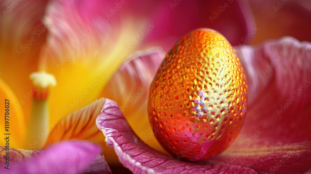 Poster vibrant golden egg rests on colorful flower petal, showcasing intricate textures and patterns. backg