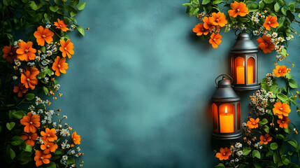 Floral Frame, Lanterns, Teal Background, Candles, Invitation