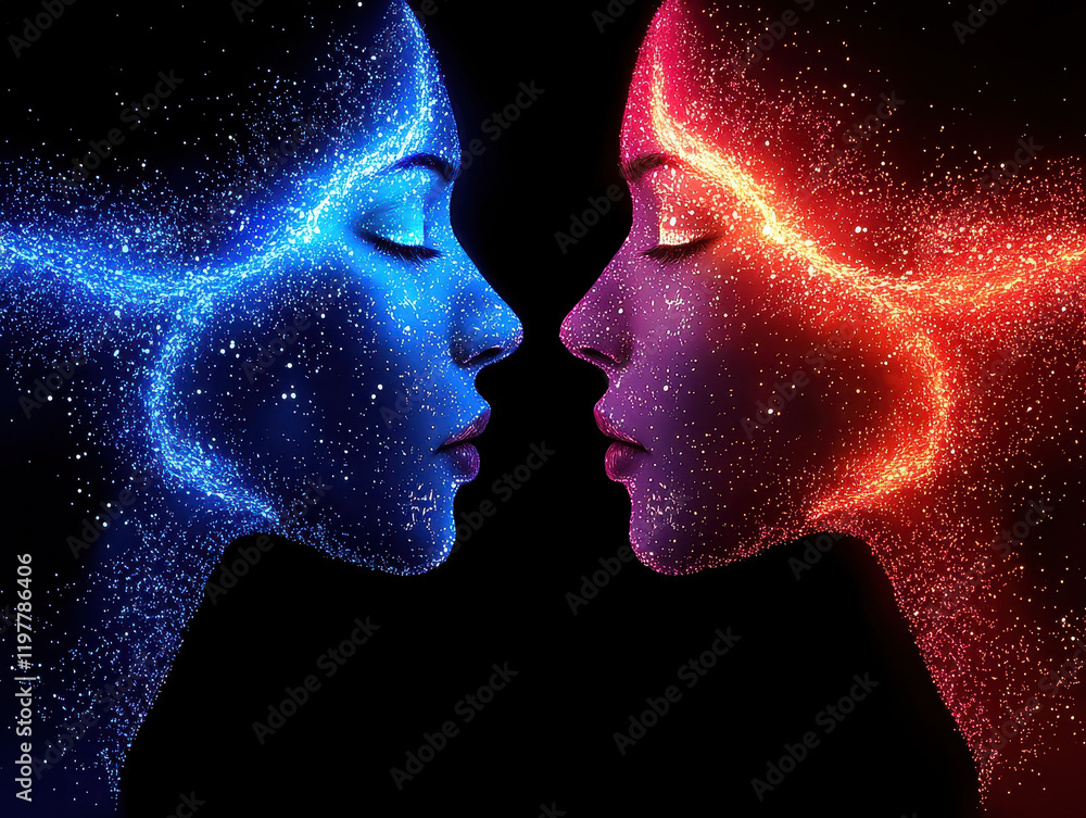 Poster exploring the connection between human consciousness and artificial intelligence through a vibrant, 