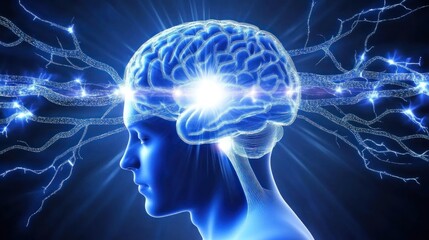 A stylized representation of a human brain with glowing neural connections.