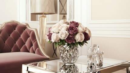 Exquisite Interior Design: A Luxurious Living Room with Elegant Roses and Crystal Decor