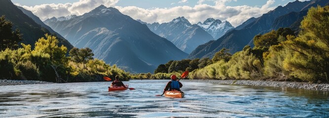 couple in canoe or kayak on a river between mountains