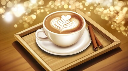 Aromatic Latte Art on a Wooden Tray with Cinnamon Sticks: A Cozy Coffee Shop Scene
