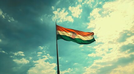 "A dynamic shot of the Hungarian flag flapping in the wind on a sunny day, capturing its movement