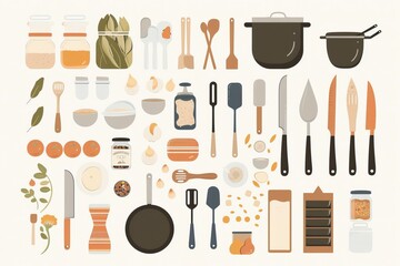A collection of kitchen utensils and ingredients for cooking and baking.