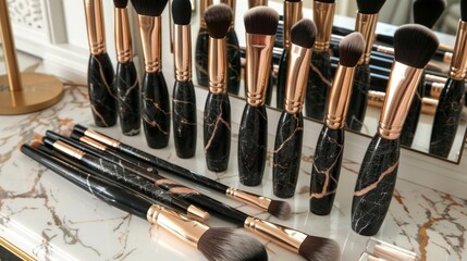 A collection of makeup brushes with elegant black and gold handles displayed on a marble surface.