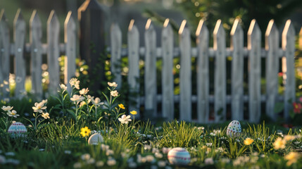 Easter eggs in garden with flowers and white picket fence, creating cheerful spring atmosphere. scene captures essence of celebration and renewal