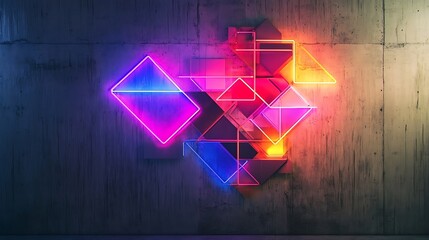 A glowing neon sign with abstract shapes, mounted on a concrete wall