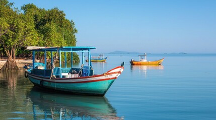 Obraz premium Tropical boat moored, calm sea, island background, tourism