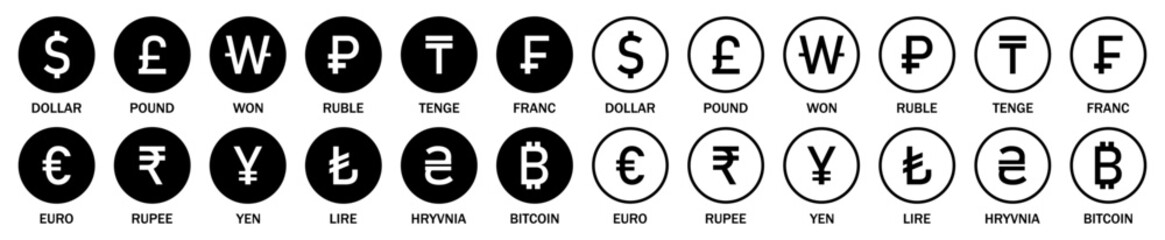 Set of international currency vector icons. Collection of currency icons. Popular currency sign symbol. World currency silhouette and outline icons set isolated. Flat design. Vector illustration.