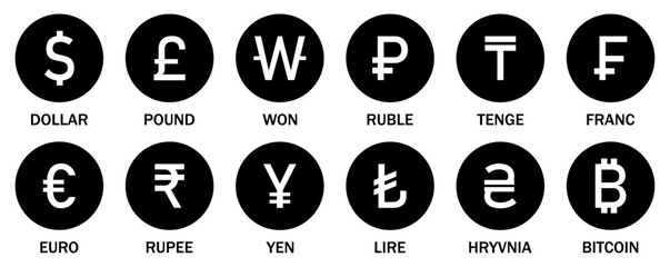 Vector set of international currency. Collection of currency icons. Popular currency sign symbol. World currency silhouette icons set isolated on a white background. Flat design. Vector illustration.