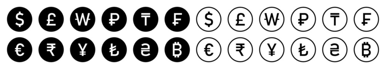 Set of international currency vector icons. Collection of currency icons. Popular currency sign symbol. World currency silhouette and line icons set isolated. Flat design. Vector illustration.