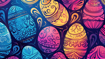 Colorful decorative Easter eggs with intricate patterns and designs create vibrant and festive atmosphere. blend of blue, pink, and yellow hues adds joyful touch to celebration