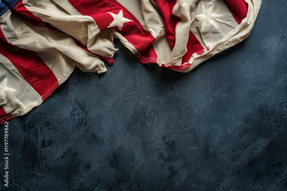 Poster tattered american flag is draped over a dark textured background, creating a patriotic scene with am