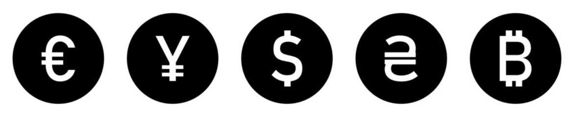 Set of international currency vector sign symbol. Collection of currency icons. Popular currency sign symbol. World currency silhouette icons set isolated. Flat design. Vector illustration.