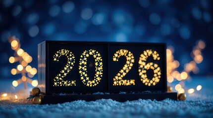 Illuminated "2026" numbers on a table with festive string lights and bokeh in the background, symbolizing New Year celebrations.
