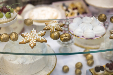 Pastry cakes in the glass case. Pastry shop, cafe