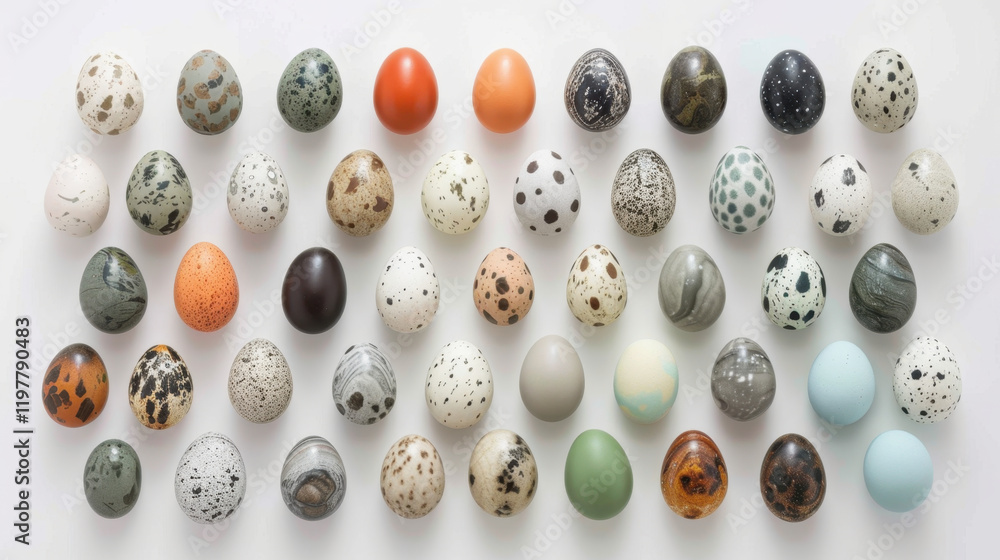 Poster colorful collection of various eggs arranged in grid pattern, showcasing different sizes, shapes, an