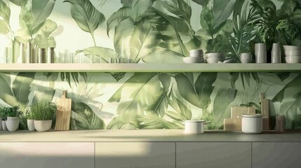 Serene Kitchen Decor with Tropical Leaf Wallpaper