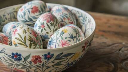 Colorful decorative eggs in floral bowl on wooden table, showcasing intricate designs and vibrant colors, perfect for festive celebrations