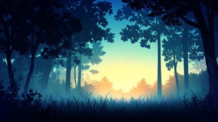 A serene forest scene at twilight, showcasing silhouettes of trees and a glowing horizon.