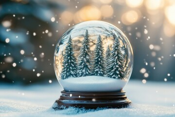 A snow globe featuring snow-covered pine trees, evoking a serene winter wonderland.