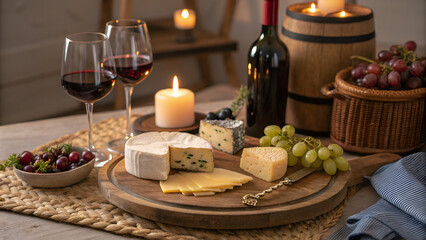 Cheese platter with red wine and grapes in cozy rustic setting