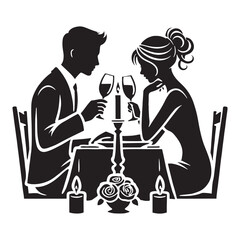 Classic couple silhouette enjoying a candlelight dinner - Romantic dinner vector, Couple illustration, Valentine silhouette
