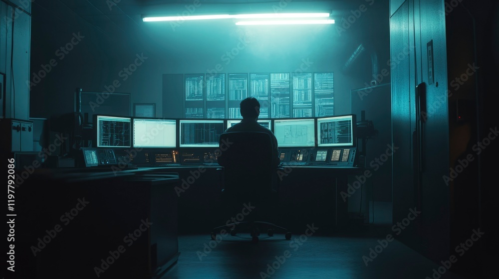 Poster a lone programmer works late in a dark office
