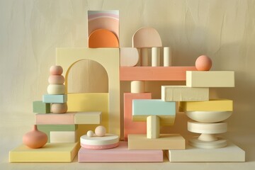 A colorful arrangement of geometric shapes and forms, creating a playful and artistic display.