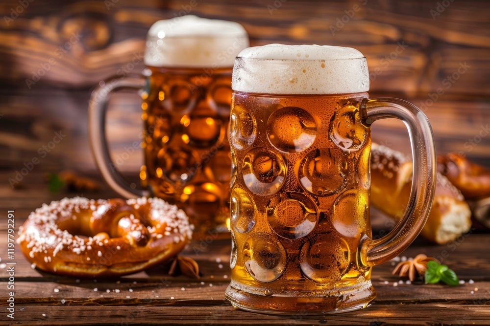 Aufkleber two mugs of refreshing beer are served with a pretzel and breadsticks on a rustic wooden table, crea