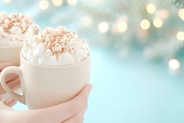 A warm mug of whipped cream-topped hot chocolate being held, with a serene winter bokeh background. Perfect for festive and cozy themes.