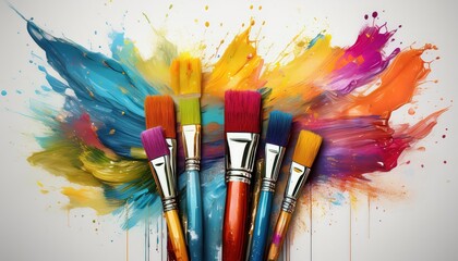 Vibrant and Creative Artistic Workspace CloseUp View of a Dynamic Arrangement of Paintbrushes with Bright, Colorful Paints on a White Canvas Backdrop