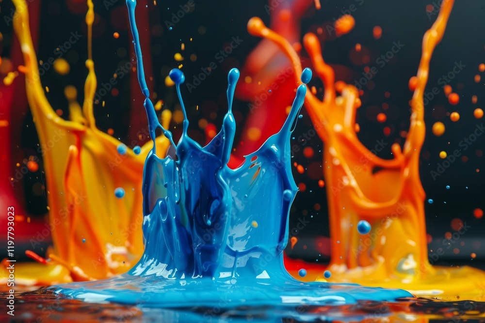 Poster vibrant paint splashes create a dynamic abstract scene, showcasing the beauty of mixing primary colo