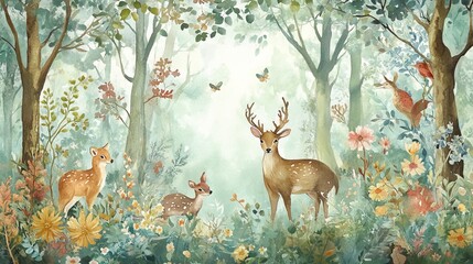 Whimsical woodland scene, painted with watercolors, captures the magic of the forest. Animals frolic amidst colorful flora, creating a lively and enchanting atmosphere
