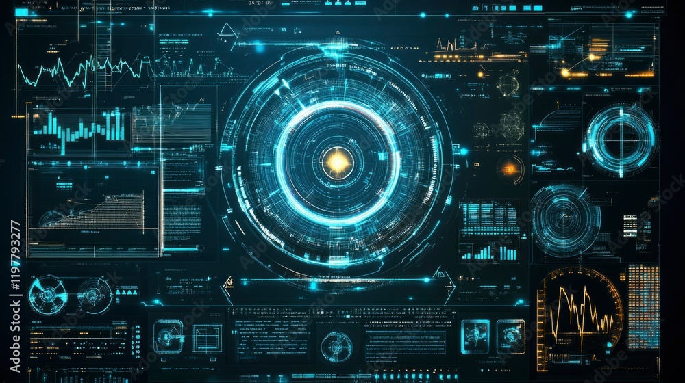 Poster futuristic technological interface displays data graphs and charts