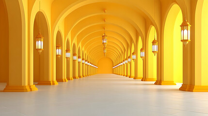 Golden arched hallway, lanterns, sunlight, 3D render, background