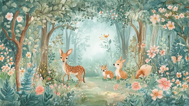 Whimsical woodland scene, painted with watercolors, captures the magic of the forest. Animals frolic amidst colorful flora, creating a lively and enchanting atmosphere